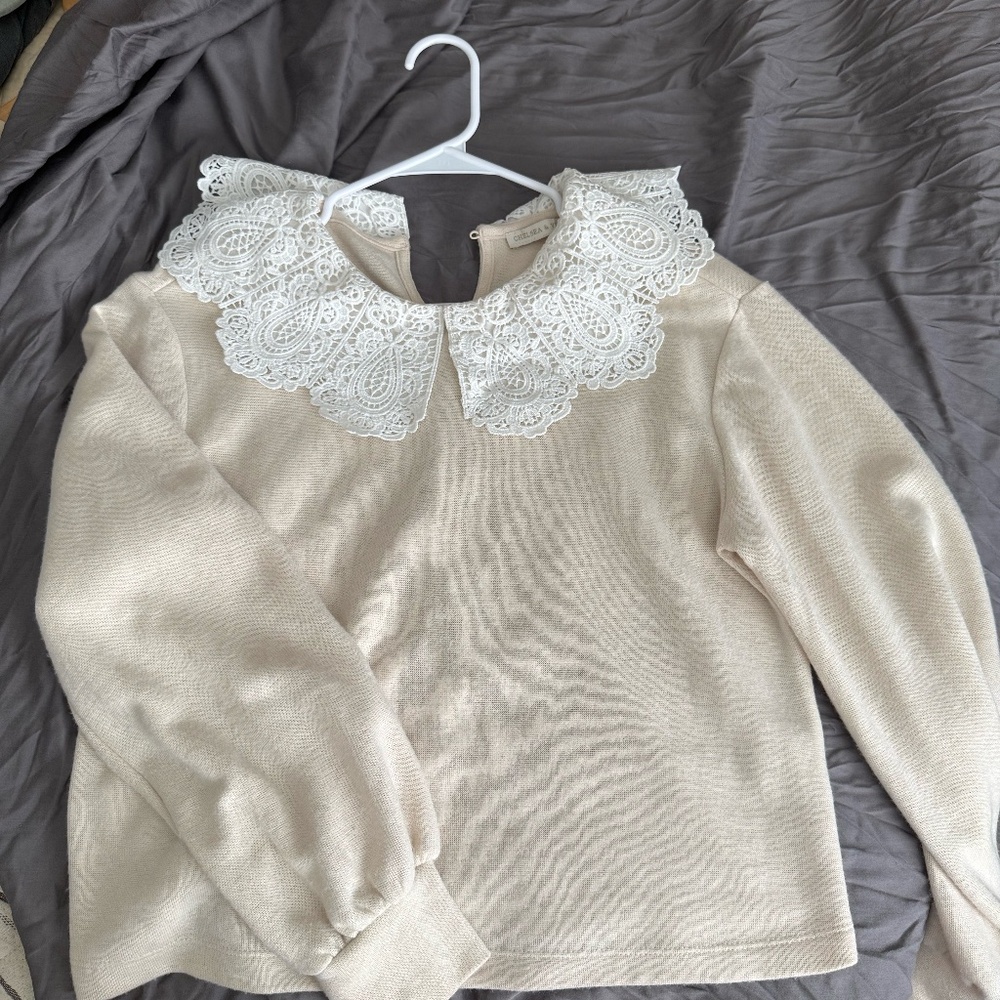 Chelsea & Violet Oatmeal Peter Pan Collar Lace Sweater